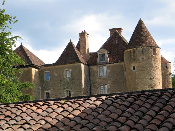 an old brick mansion with towers and windows