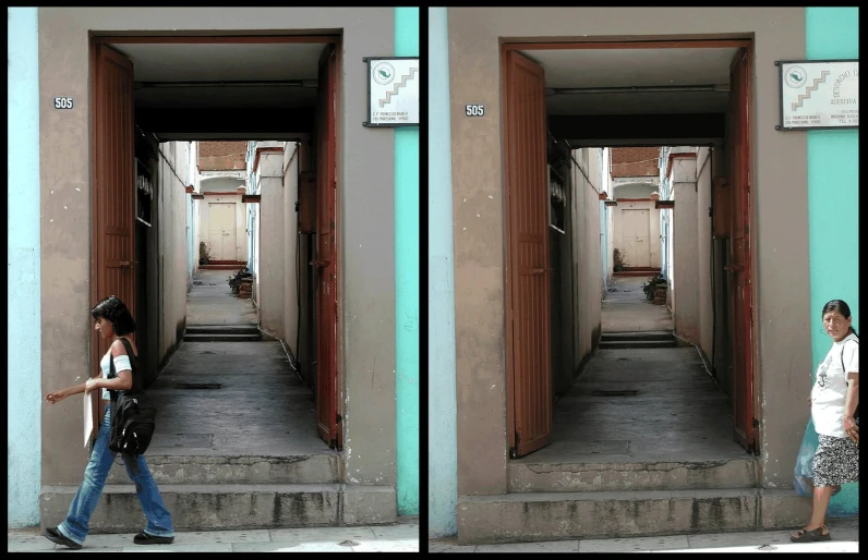 there are two pictures of a girl standing in a doorway