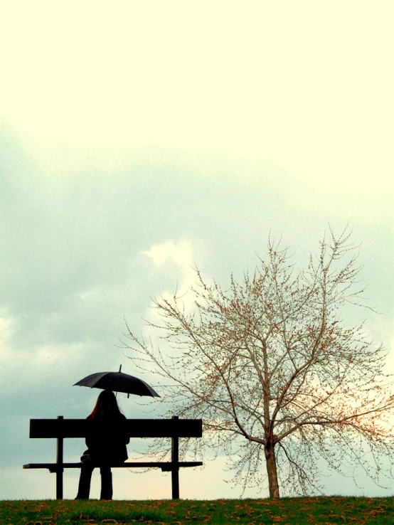 a person sitting on a park bench with an umbrella