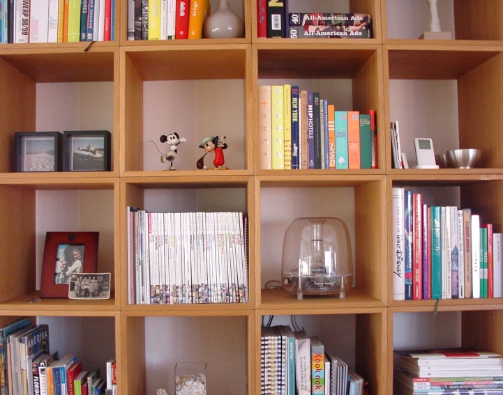 a book shelf full of books and figurines