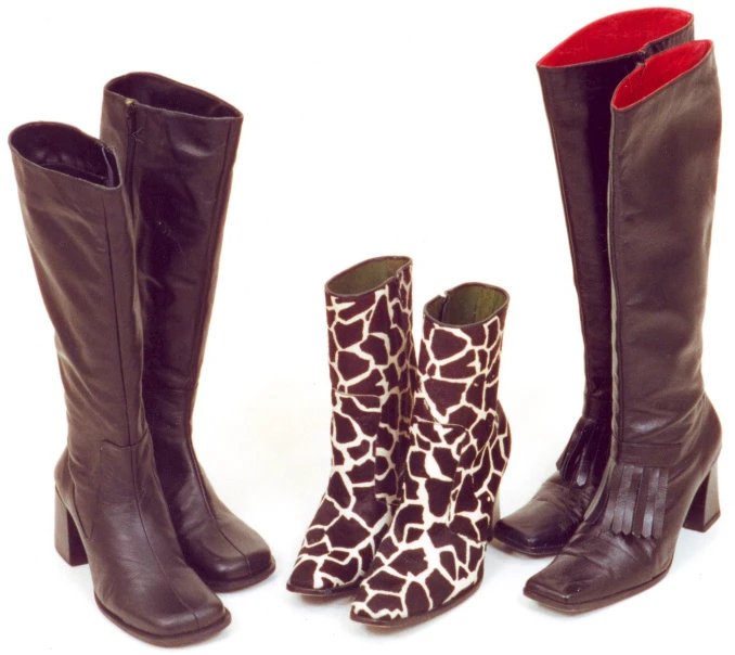 three pairs of boots are lined up side - by - side with one taller boot in the middle