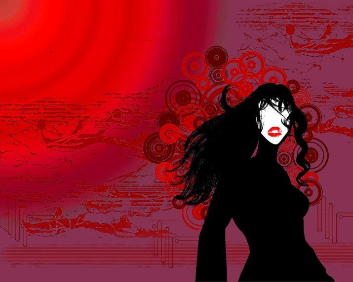 woman in black with red background and swirling swirls