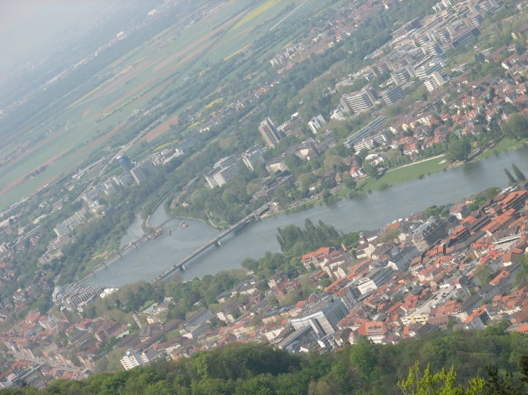 an aerial view of a city is seen in this image