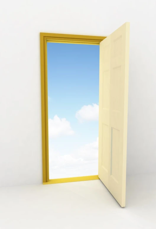 an open yellow door to the blue sky