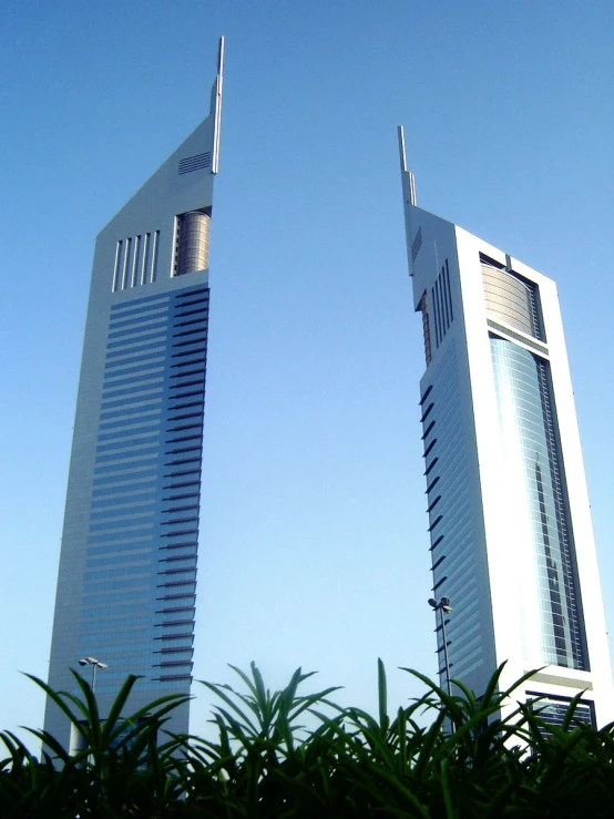 two tall buildings towering above the treeline