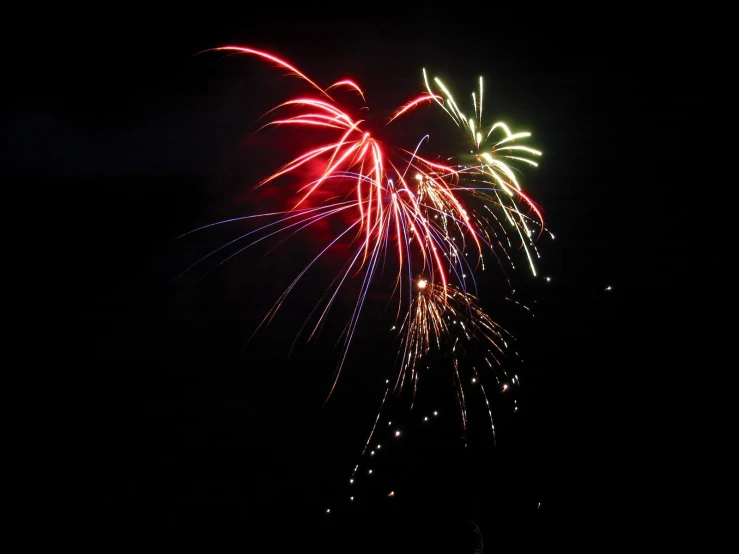 a firework in the dark sky filled with lots of colorful lights