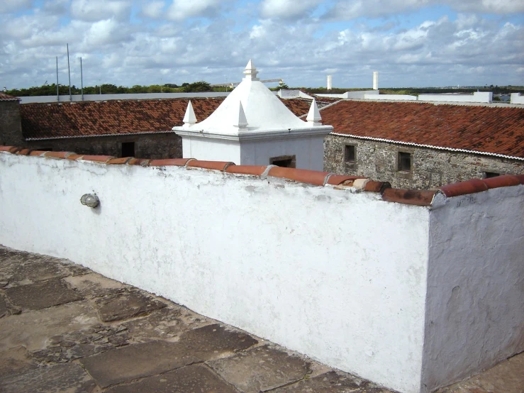 the roofs of several brick buildings with tiled roofs