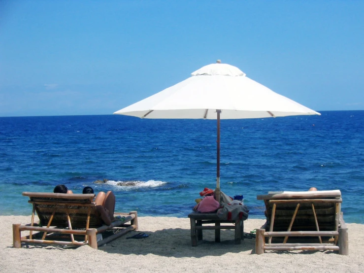 a group of people on beach chairs under an umbrella