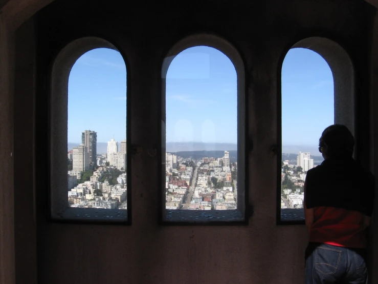 a person is standing in front of three windows that are opened and overlooking a city