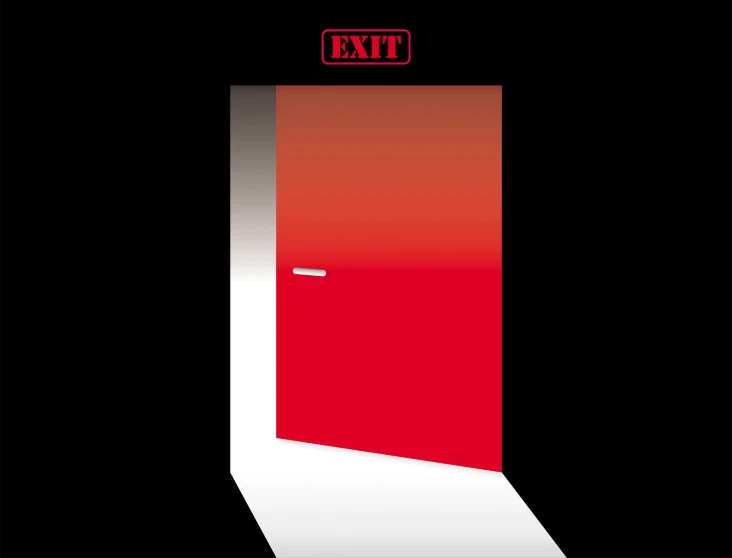 red exit with white door and light coming in from it