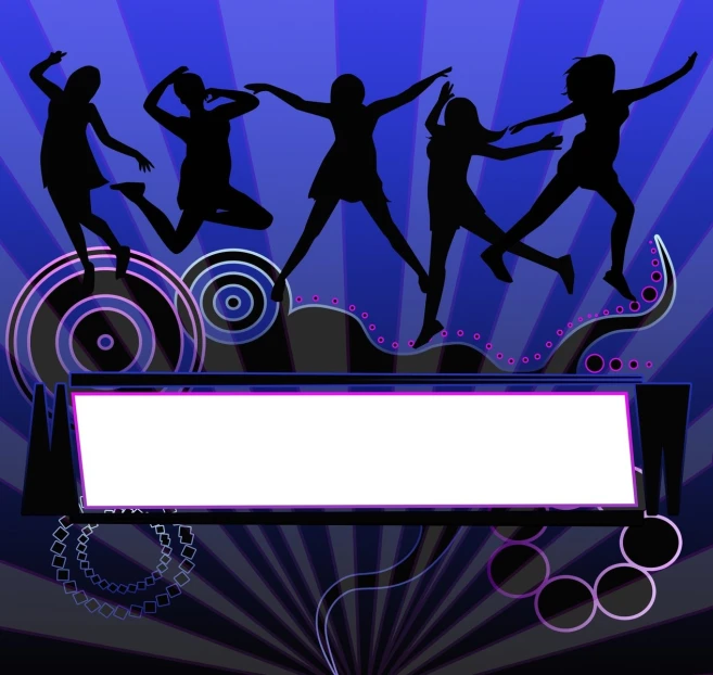 a silhouette image with some people dancing in front of an ad