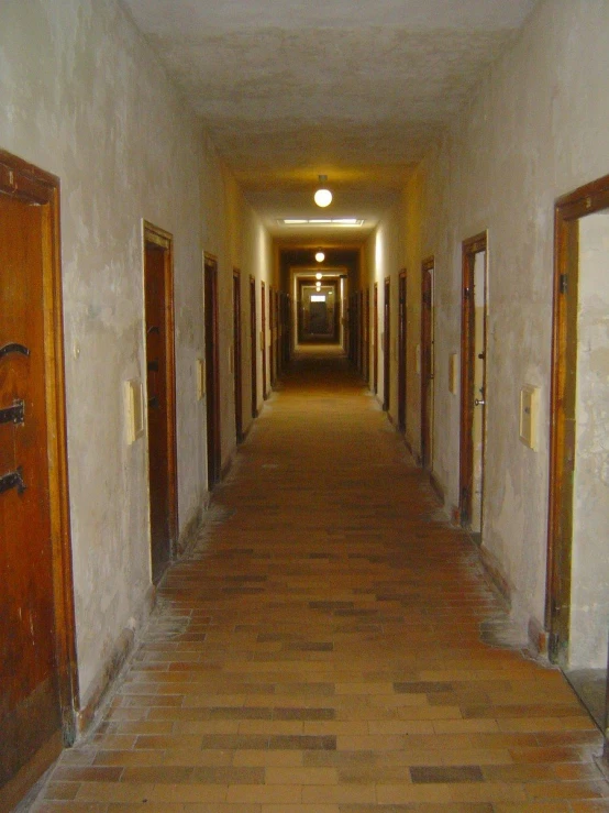 the hallway is empty of people or business except for doors