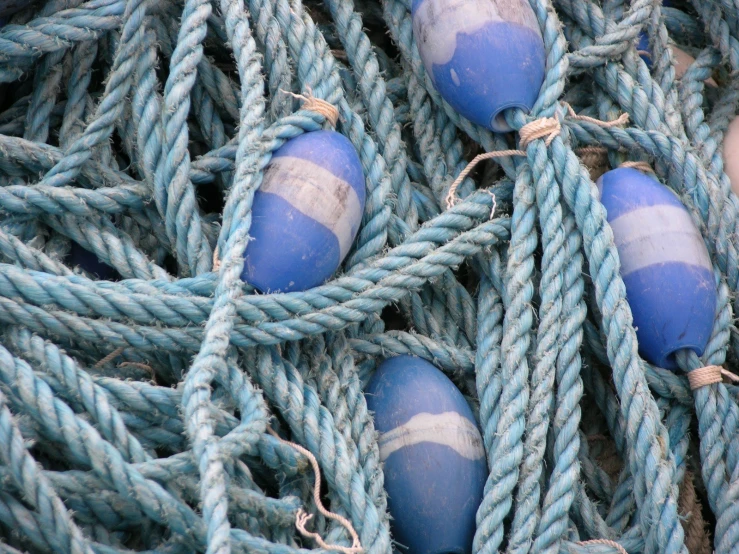 a close up view of blue ropes and floats