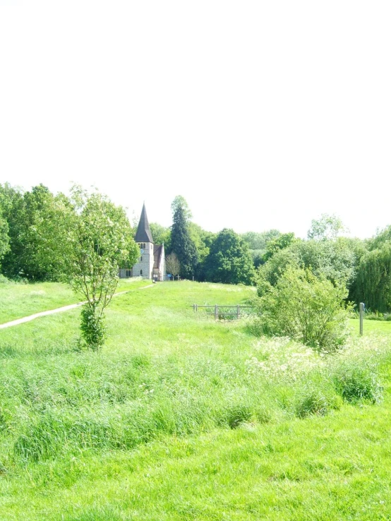 a church on a hill with trees and grass