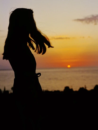 the silhouette of a woman standing at the beach