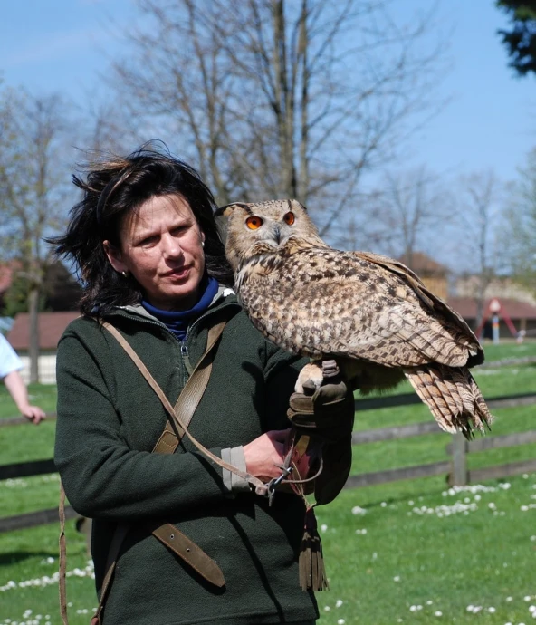 a person holding a brown and white owl on his arm