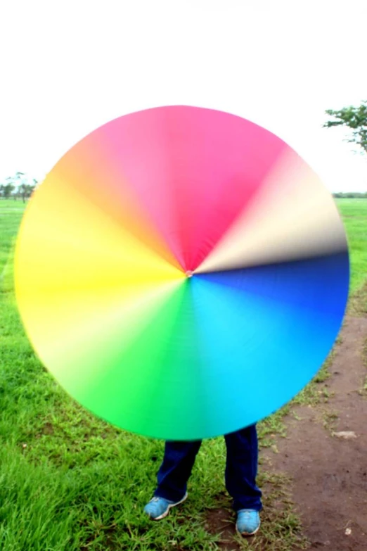 a person holding a large multi colored umbrella