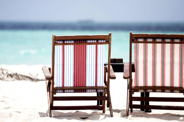 two chairs are lined up on the beach facing the ocean