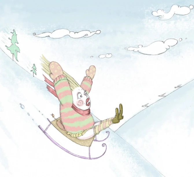 a cartoon bear is riding down a hill on a snowboard