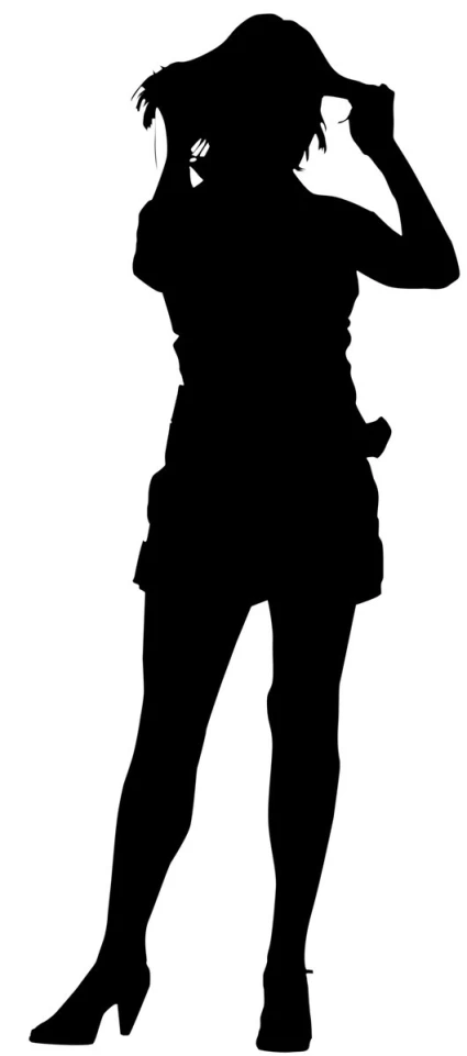 a woman's silhouette in black is holding her hat