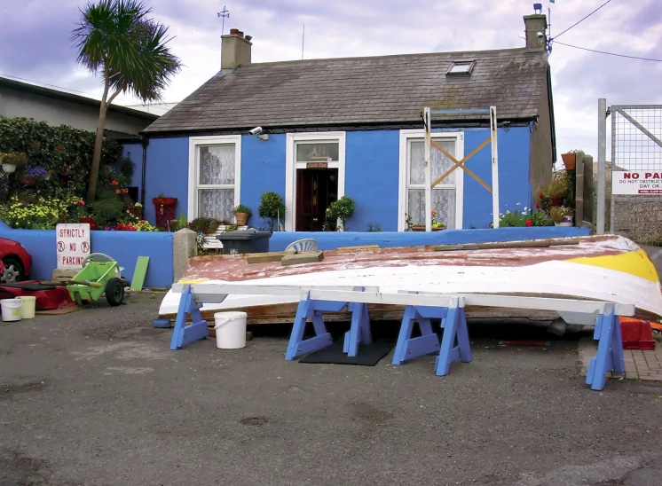 a boat that is sitting in the street