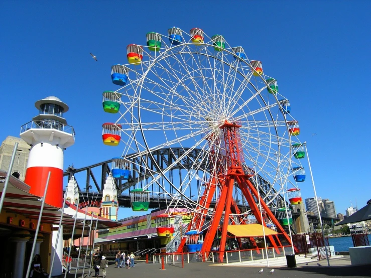 colorful ferris wheel at fair with blue sky in background