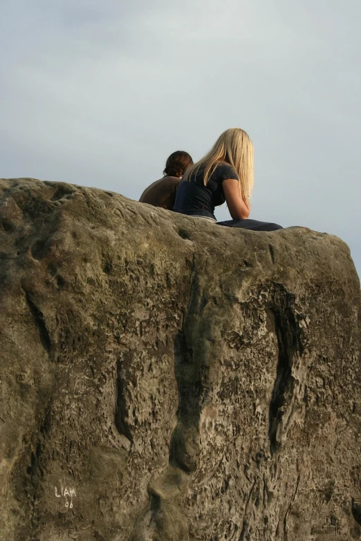 two people sitting on a rock next to a sea