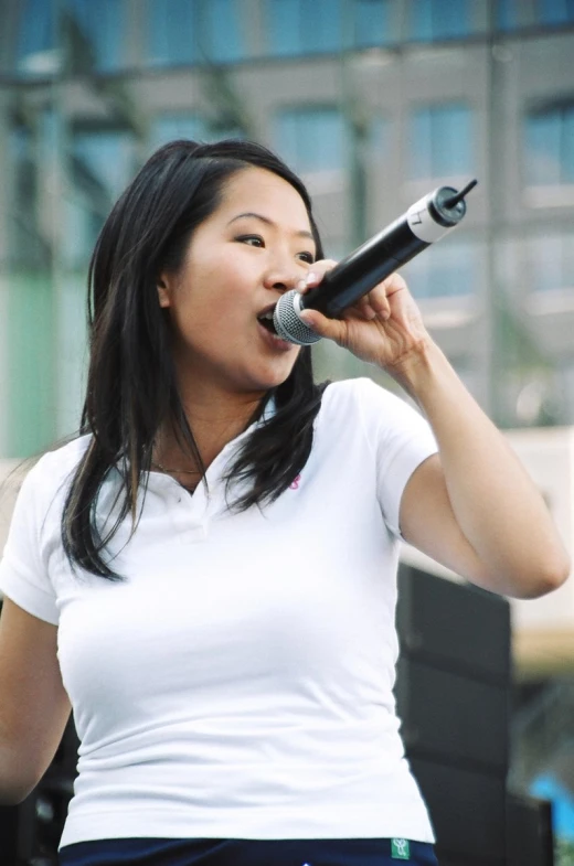 the woman is wearing blue and white clothes