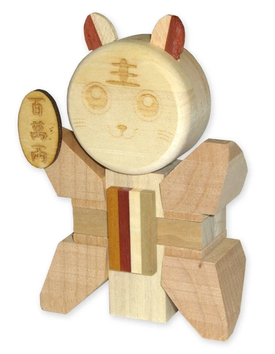 a wooden bear with one hand on the side and another holding up its head