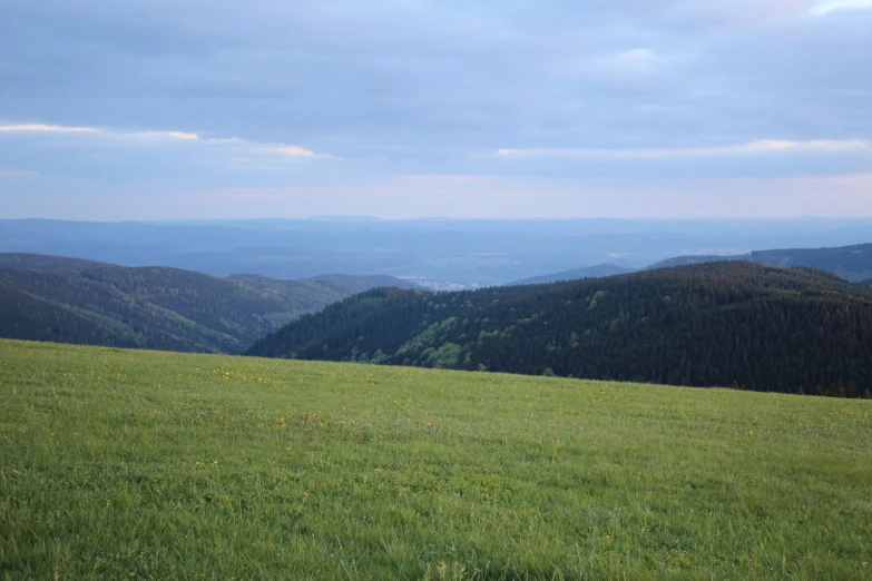 a green field covered in grass and some hills