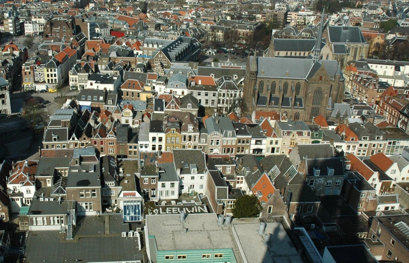 an aerial view shows buildings and other rooftops