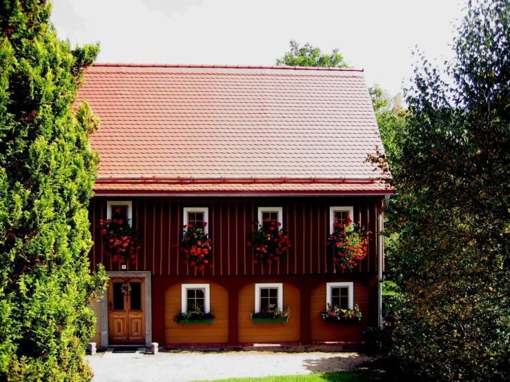 a house with lots of flowers in the windows