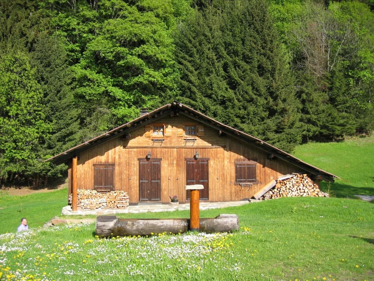 a cabin sitting on the side of a hill surrounded by trees