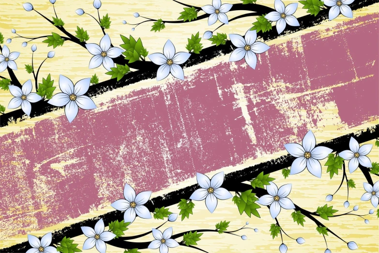 a background with white flowers and a brown strip