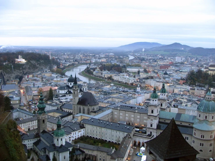 a city from above with tall buildings on both sides