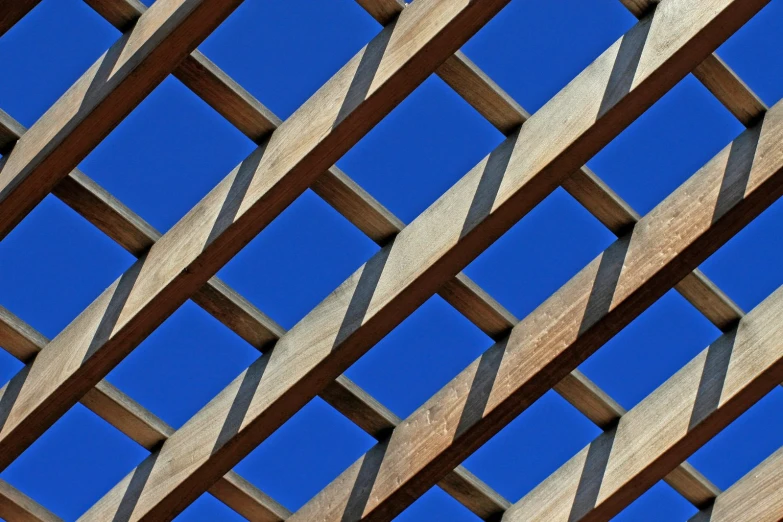wooden lattice structures with the sky in the background