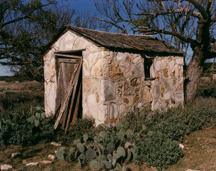 a small rustic building in a field with cactuses