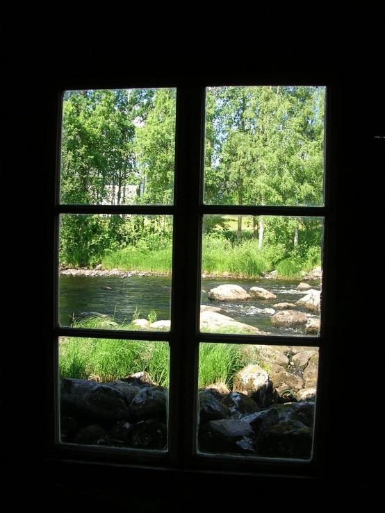 a window is open that shows an outdoor stream