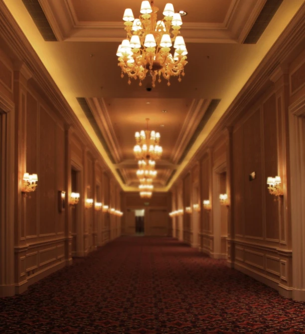 an elegant long hallway is shown in sepia tones