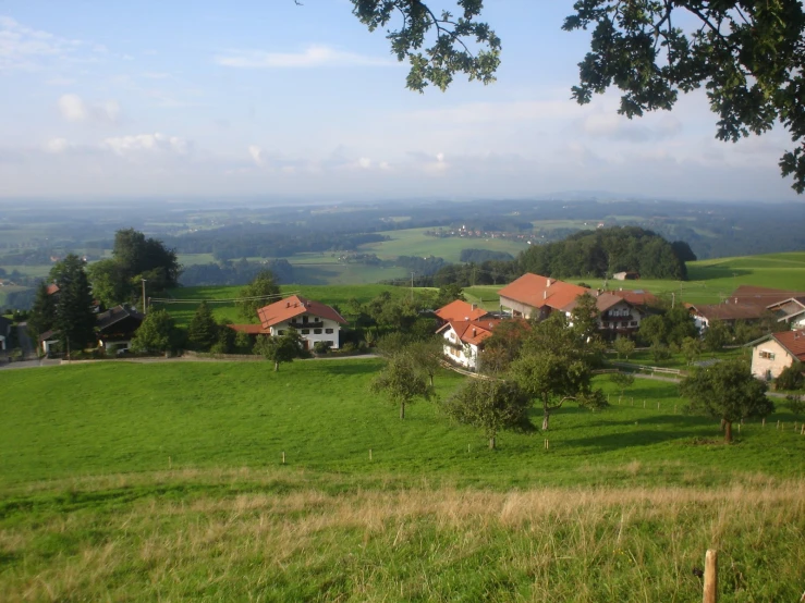 a lush green valley with homes and hills in the distance