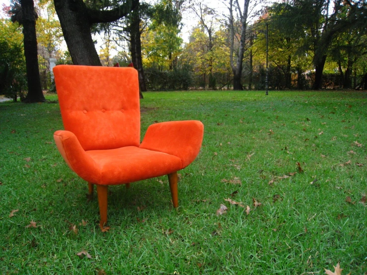 an orange chair sits in a grassy yard
