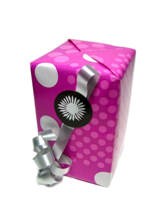 a pink box with silver bow and polka dot paper