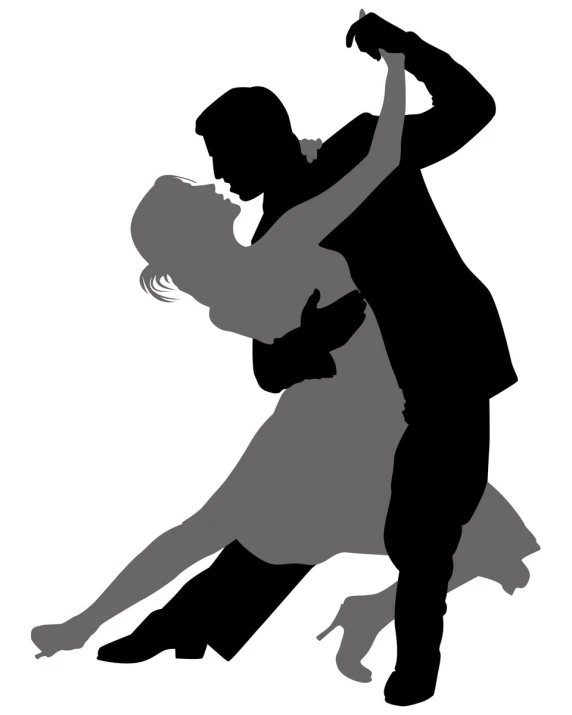 the silhouette of a dancing couple, holding each other