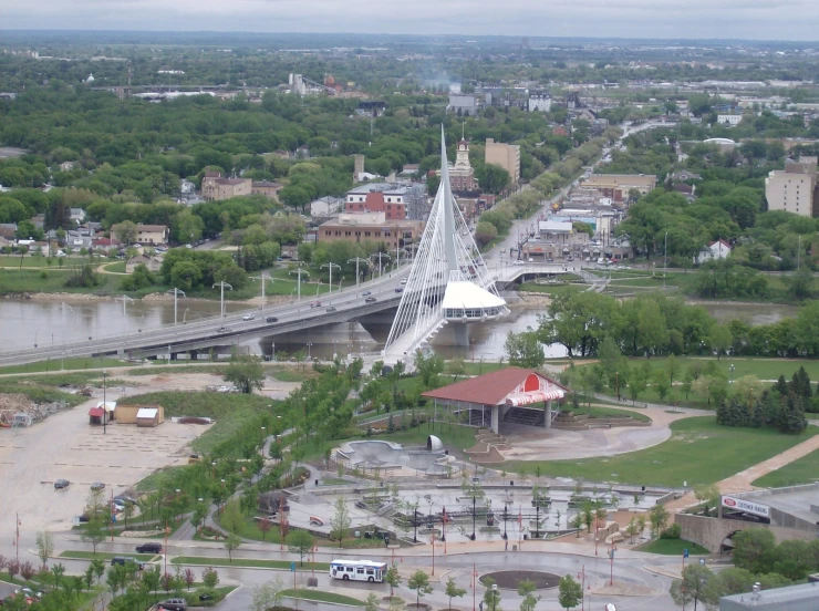 aerial po of roadway and bridge near park area