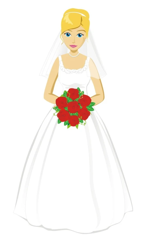 bride holding bouquet of red roses