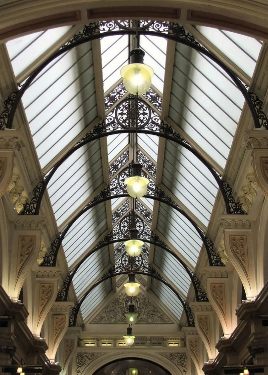 a view inside the terminal looking up at the ceiling