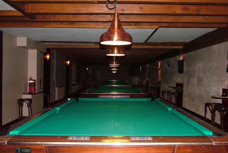 a pool table and several stools are in the hallway of the pub