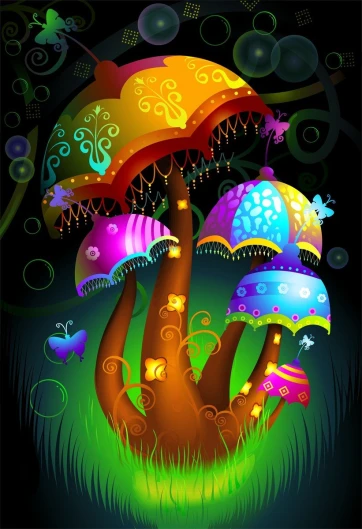 a painting of a forest filled with mushrooms