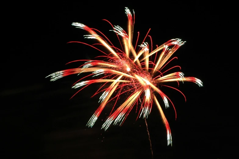a bright red fireworks is in the dark sky