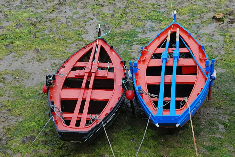 two small boats tied to one another on a field